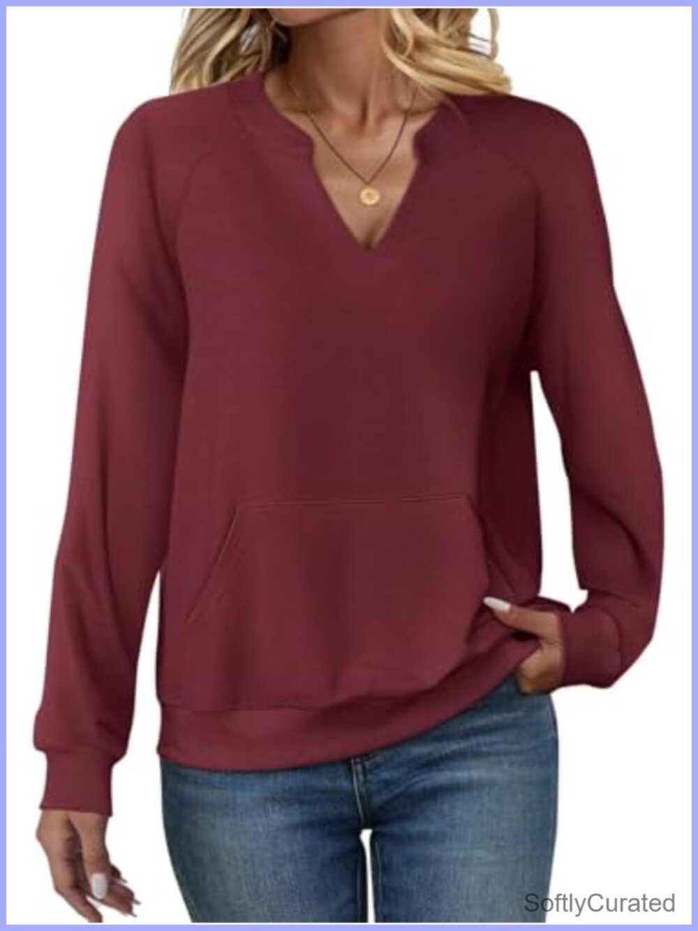 Womens V Neck Sweatshirt with Pockets Fleece Long Sleeve Pullover